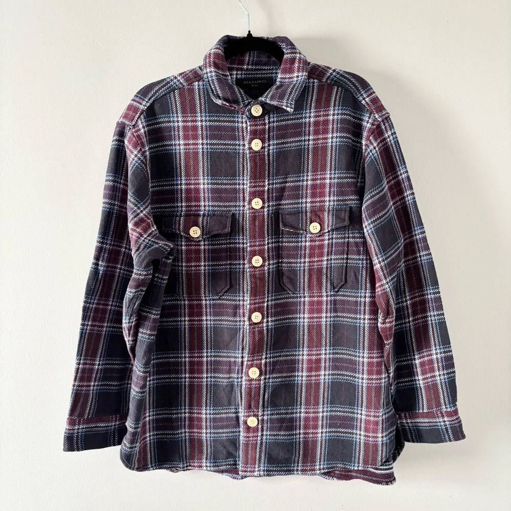 All Saints Men’s Kitazawa Check Overshirt Long Sleeve Top Thick Knit Button-Up